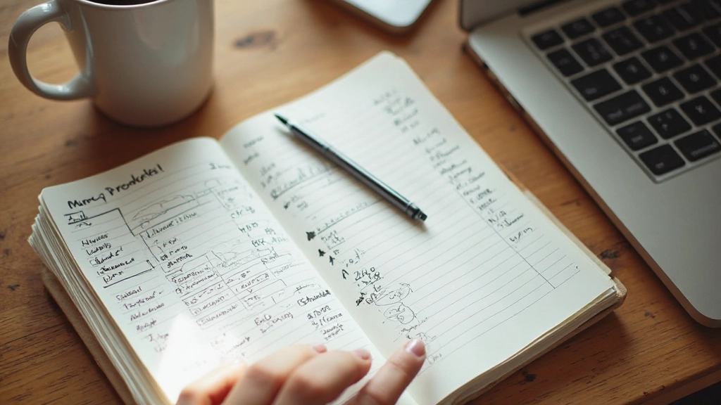 Notitieboek met handgeschreven notities en grafieken op een bureau met koffie