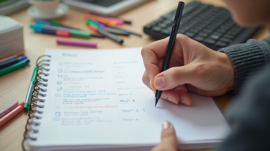 Iemand schrijft doelen op in een planner met gekleurde pennen
